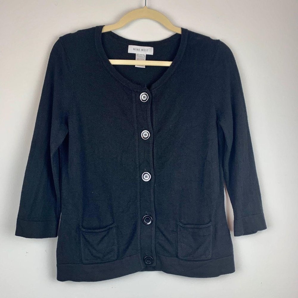NINE WEST 3/4‎ Sleeve Black Button Up Top Sz M